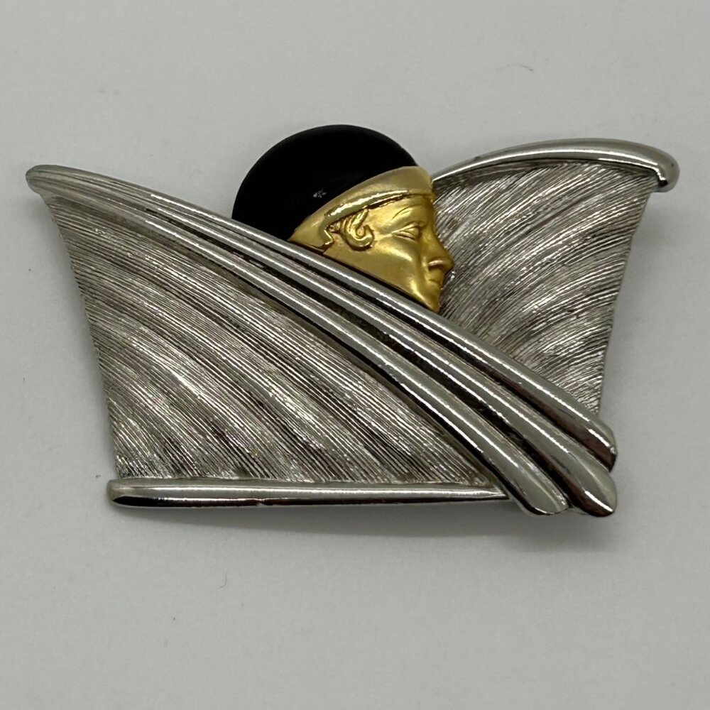 Vintage Art Deco-Inspired Flapper Brooch Silver-Toned Texture Gold-tone Profile - Picture 2 of 16